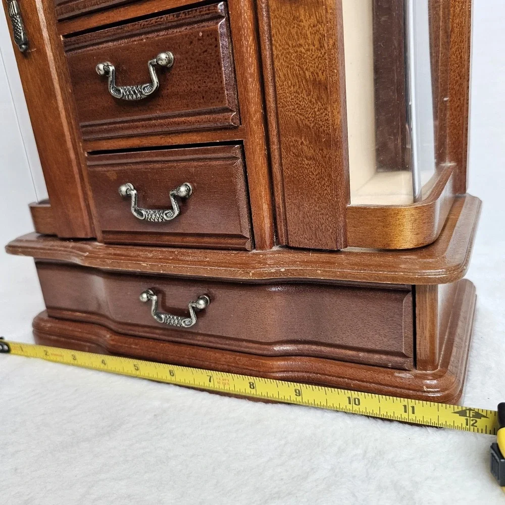 Vintage Wooden Jewelry Armoire Box Glass Side Doors 5 Drawers Brass Pulls Brown